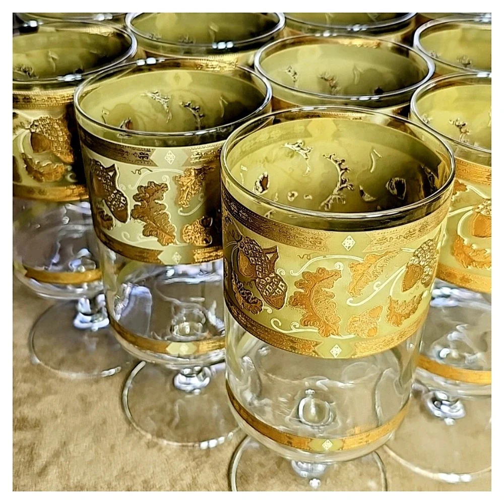 Vintage Cera Green Gold Oak Leaf Acorn Footed Glass Goblet MCM Barware Set Vera